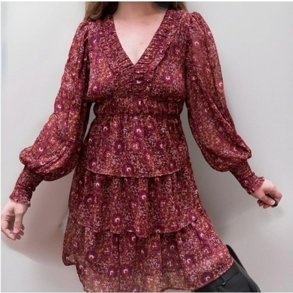 House of Harlow 1960 Floral Tiered Mini Dress, Long Sleeve, V Neck, Boho Size 12